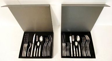 CUTLERY CANTEENS, a pair, each with each setting for four, polished metal, 23cm x 23cm.