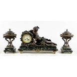 FIGURAL MANTLECLOCK GARNITURE, French late 19th/early 20th century Art Nouveau, patinated metal with