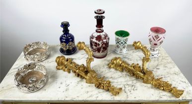 BOHEMIAN DECANTERS, two, one cobalt blue the other with red decoration along with a pair of silver