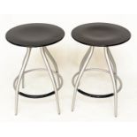 CALLIGARIS BAR STOOLS, a pair, 60cm x 41cm diam., circular ash seat and metal framed, with footrest.