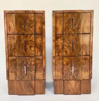 ART DECO BEDSIDE CHESTS, a pair, figured walnut each breakfront with three drawers, 35cm W x 48cm