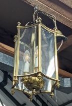 HALL LANTERNS, a pair, gilt metal and glazed, each three branch, 45cm drop approx each dining chairs