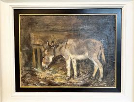 GEORGE JACKSON HUTCHINSON (1896-1918) 'Donkey in a stable, oil on board, 29cm x 40cm, framed.