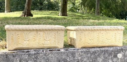 WINDOW BOXES/PLANTERS, a pair, 54cm W x 20cm H x 30cm D, Cotswold stone style, with acanthus leaf