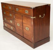 CAMPAIGN STYLE CHEST, 120cm x 39cm D x 58cm H, mahogany and brass bound, with five drawers sand