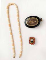 A COLLECTION OF JEWELLERY, comprising an early 19th Century mourning brooch, carved coral cabouchons