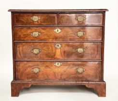CHEST, English early 18th century Queen Anne figured walnut and crossbanded with two short and three