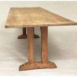 REFECTORY TABLE, Arts and Crafts style solid oak, raised upon substantial trestle arched supports,