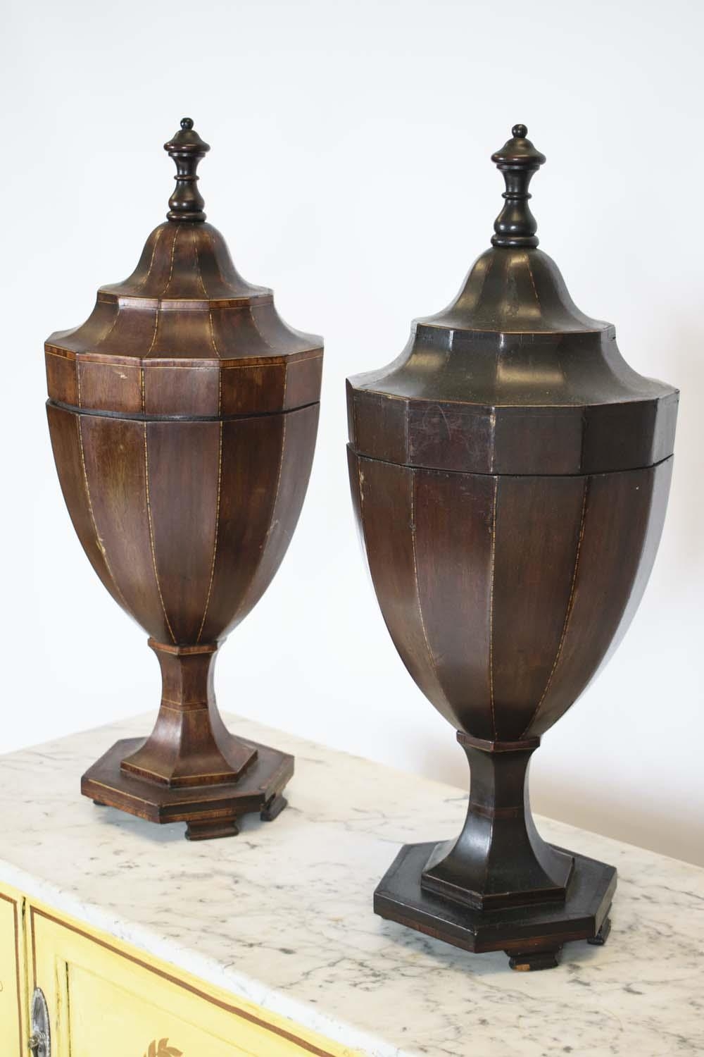 CUTLERY URNS, 68cm H x 26cm W, a pair, Sheraton design mahogany and string inlaid. (2) - Image 2 of 5