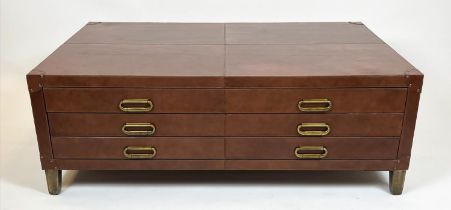 ARCHITECTS PLAN LOW TABLE, stitched tan leather with two long drawers raised on metal supports, 46cm