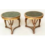 ART DECO LAMP TABLES, a pair, 63cm diam. x 55cm H, circular painted top, each with three winged swan