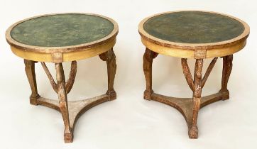 ART DECO LAMP TABLES, a pair, 63cm diam. x 55cm H, circular painted top, each with three winged swan