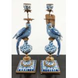 CANDELABRA, a pair, 48cm H, in the form of birds, blue and white ceramic, gilt mounts. (2)