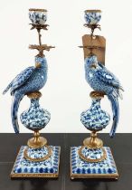 CANDELABRA, a pair, 48cm H, in the form of birds, blue and white ceramic, gilt mounts. (2)