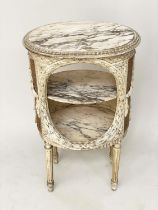 LAMP TABLE/ETAGERE, 19th century French Louis XVI style grey painted oval with cane work sides and