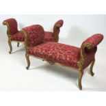 WINDOW SEATS, a pair, French Louis XV style, gilt carved sinuous show frames with scrolling