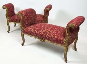 WINDOW SEATS, a pair, French Louis XV style, gilt carved sinuous show frames with scrolling