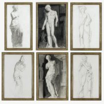 A SET OF SIX LARGE FRENCH NEO CLASSICAL PENCIL/CHARCOAL NUDE DRAWINGS, early 20th century, 65cm x