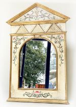 WALL MIRROR, architectural cornice cream and scroll painted with arched mirror plate, 86cm W x 127cm