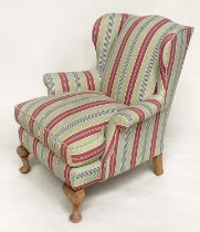 WINGBACK ARMCHAIR, early 20th century with ticking style upholstery, 82cm W.