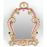 COALPORT PORCELAIN MIRROR, 19th century Rococo style, arched plate with pink and gilt C scroll and C