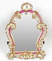COALPORT PORCELAIN MIRROR, 19th century Rococo style, arched plate with pink and gilt C scroll and C