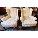 WING ARMCHAIRS, 101cm H x 82cm W, a pair, George III style in ticking upholstery. (2)