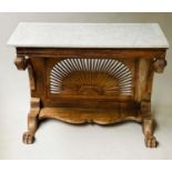 ANGLO INDIAN CONSOLE TABLE, 19th century teak with pierced sun burst back, scroll supports and paw