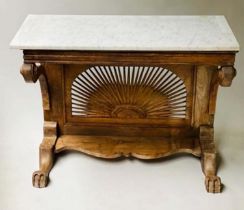 ANGLO INDIAN CONSOLE TABLE, 19th century teak with pierced sun burst back, scroll supports and paw