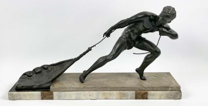 J. DE RONCOURT 'The Fisherman', French Art Deco, spelter on marble base, 76cm L x 41cm H.