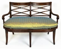THEODORE ALEXANDER SETTEE, Regency design, caned seat with silk squab cushion, retailed by Brights