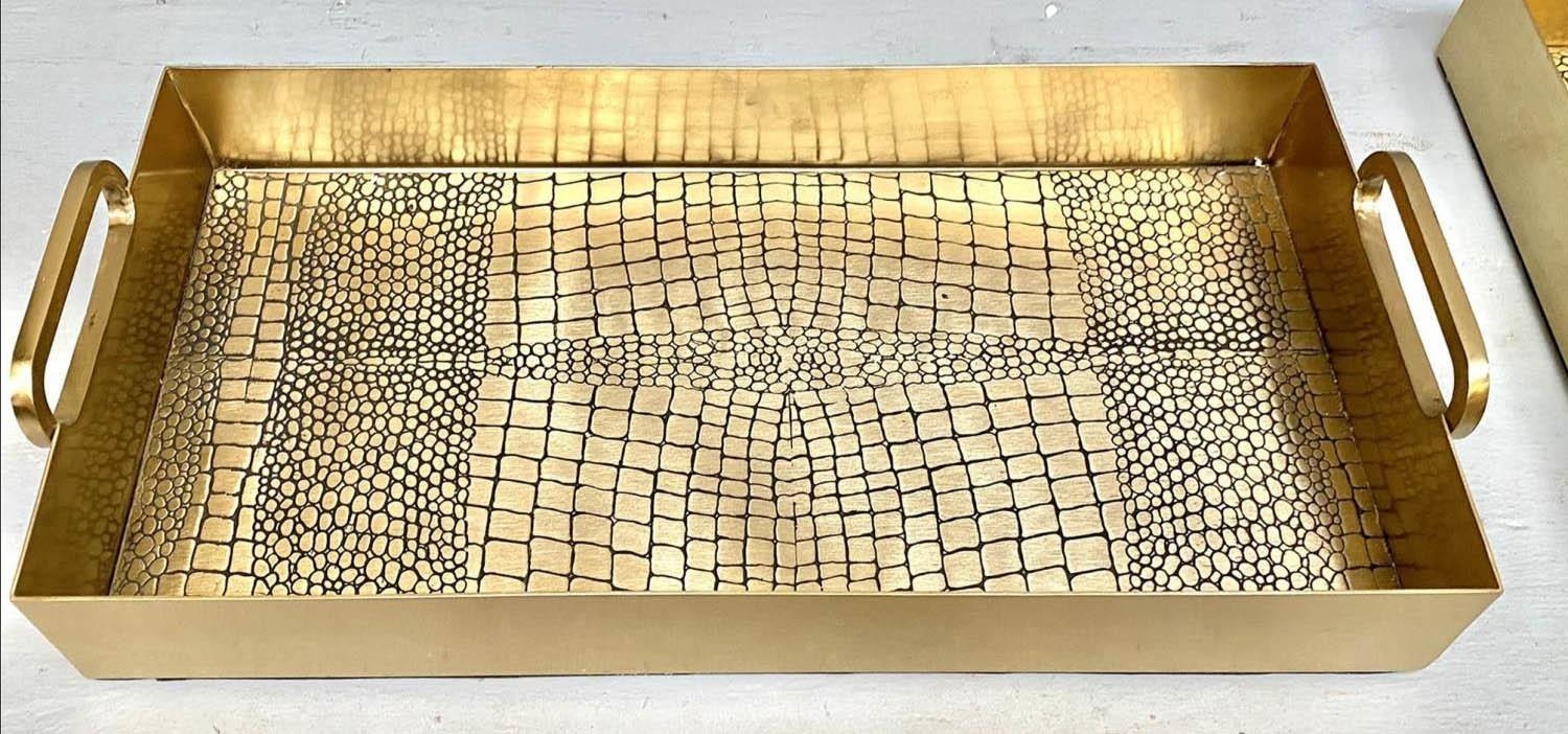 COCKTAIL TRAYS, a pair, faux crocodile embossed gilt metal design, 8cm x 49cm x 23cm. (2) - Image 4 of 4