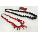 A WHITBY JET SINGLE STRAND NECKLACE, fitted with 42 graduated faceted beads, 74cm long; together