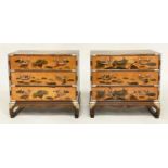 CHESTS, a pair, Chinese, sienna lacquered chinoiserie decorated and silvered metal mounted each with
