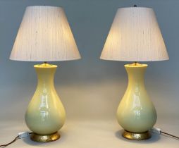 HEATHFIELD & CO LOUISA TABLE LAMPS, a pair, lemon yellow ceramic with silk shades, 76cm H. (2)