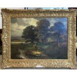 E PORTEAU, Barbizon manner, 'Landscape with figures', oil on paper, 58cm x 79cm, framed, signed