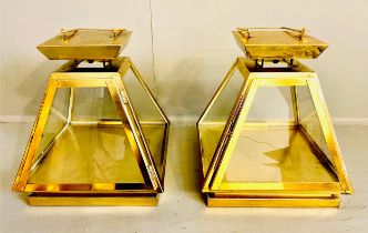 WALL HANGING LANTERNS, pair, 31cm high, 29cm wide, pyramid form, gilt metal frames and glass