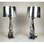 GREYHOUND TABLE LAMPS, aluminium with 'silver' shades, 100cm H (including shades).