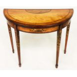 CARD TABLE, George III foldover demi lune, satinwood and rosewood banded with floral painted