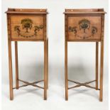 LAMP TABLES, a pair, George III style satinwood and painted each with gallery and door, 83cm H x