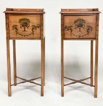 LAMP TABLES, a pair, George III style satinwood and painted each with gallery and door, 83cm H x