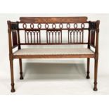HALL BENCH, early 20th century English Edwardian mahogany and marquetry with lancet tracery frame