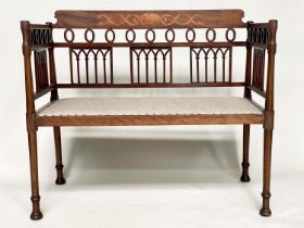 HALL BENCH, early 20th century English Edwardian mahogany and marquetry with lancet tracery frame