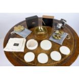 AERIN CREAM SHAGREEN COASTERS, a boxed set of four with suede underside and gold toned brass rim