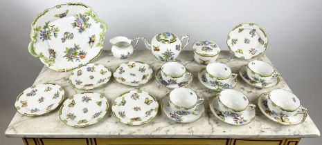 HEREND TEA SET, tea pot and lid, milk jug, sugar basin and lid, six cups and saucers, six cake