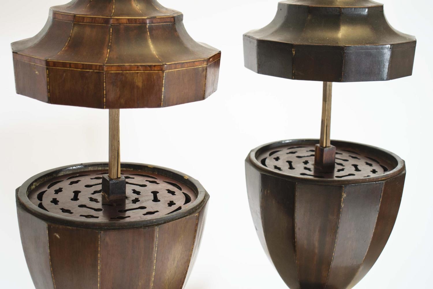 CUTLERY URNS, 68cm H x 26cm W, a pair, Sheraton design mahogany and string inlaid. (2) - Image 3 of 5