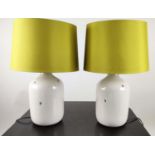 TABLE LAMPS, a pair, glazed ceramic, with green shades, 61cm H. (2)
