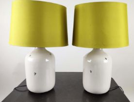 TABLE LAMPS, a pair, glazed ceramic, with green shades, 61cm H. (2)