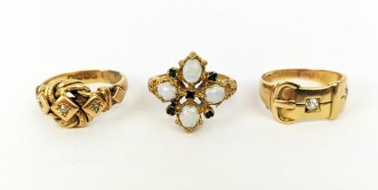 THREE VARIOUS DRESS RINGS, comprising an 18ct gold three stone diamond ring, scroll design setting