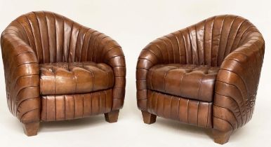 ARMCHAIRS, a pair, Art Deco style with arched ribbed backs and button, quilted seat, 80cm W. (2)
